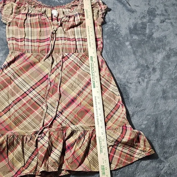Converse Short Sleeve Plaid Earth Tone Cotton Ruffle Trim Dress Size M - Picture 7 of 8
